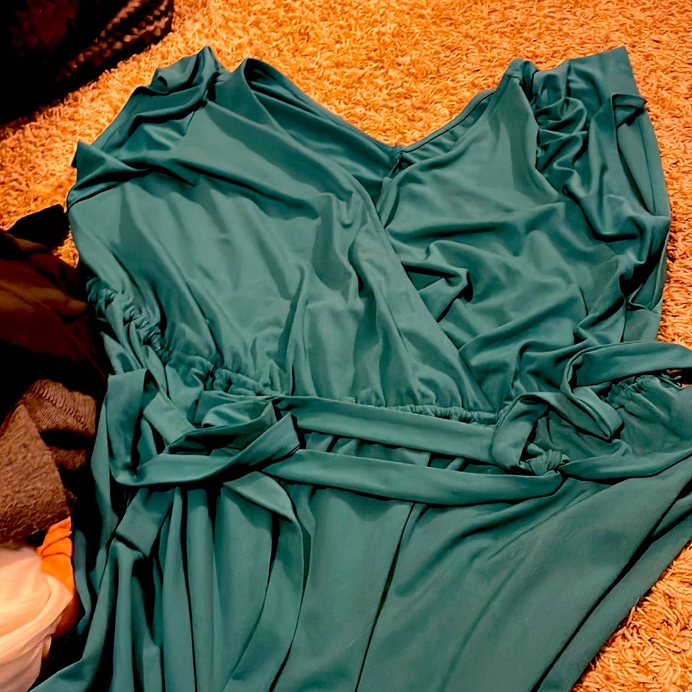 Teal v neck knee length dress